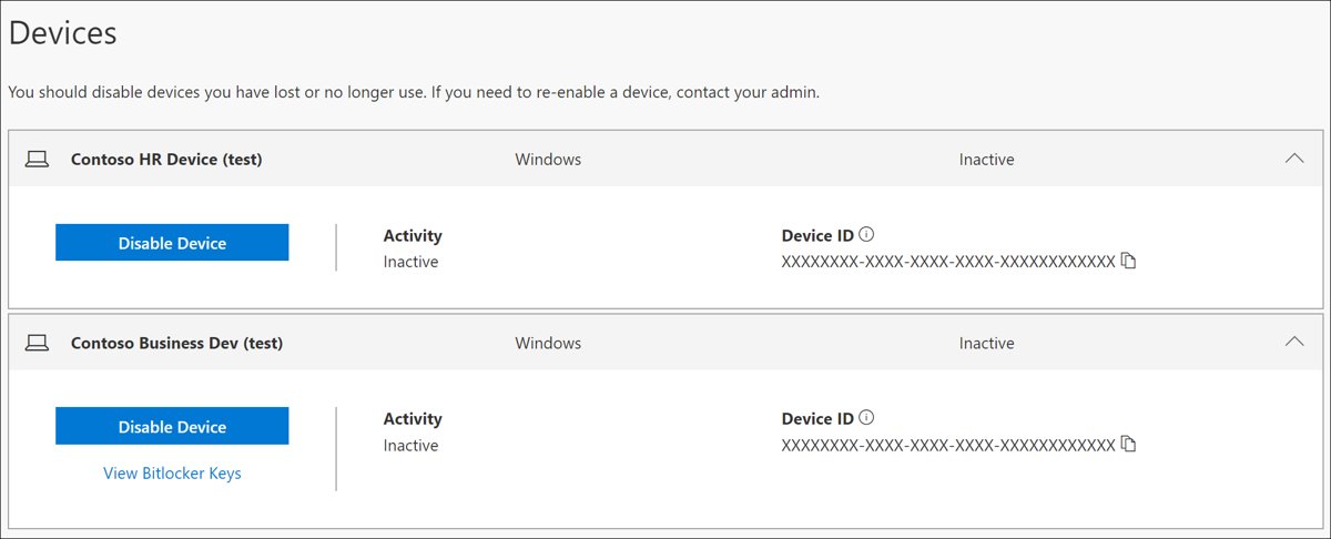 Work or school account Devices page with a View Bitlocker Keys link