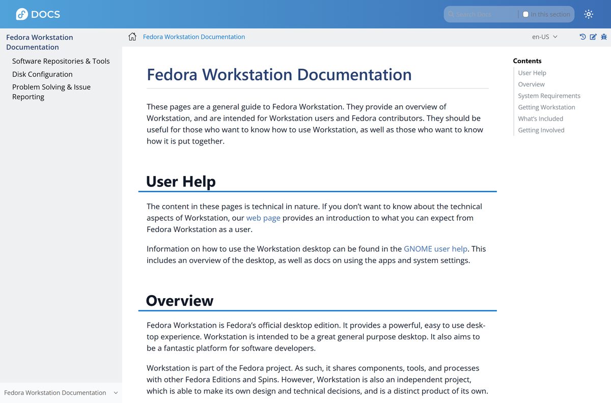 Fedora Workstation documentation page listing the recommended system requirements
