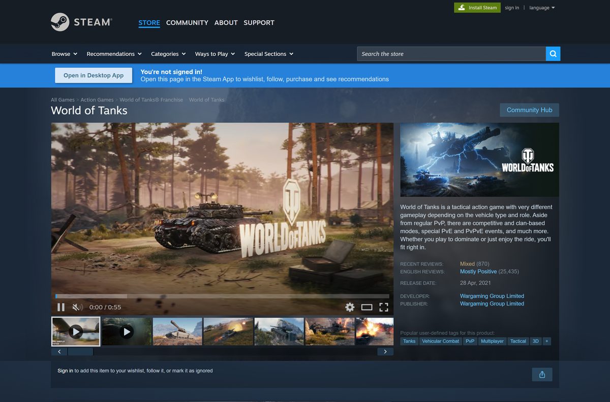 Steam store listing for World of Tanks with its Play Game button