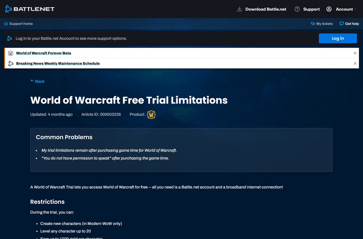 Blizzard Support list of World of Warcraft free trial limitations