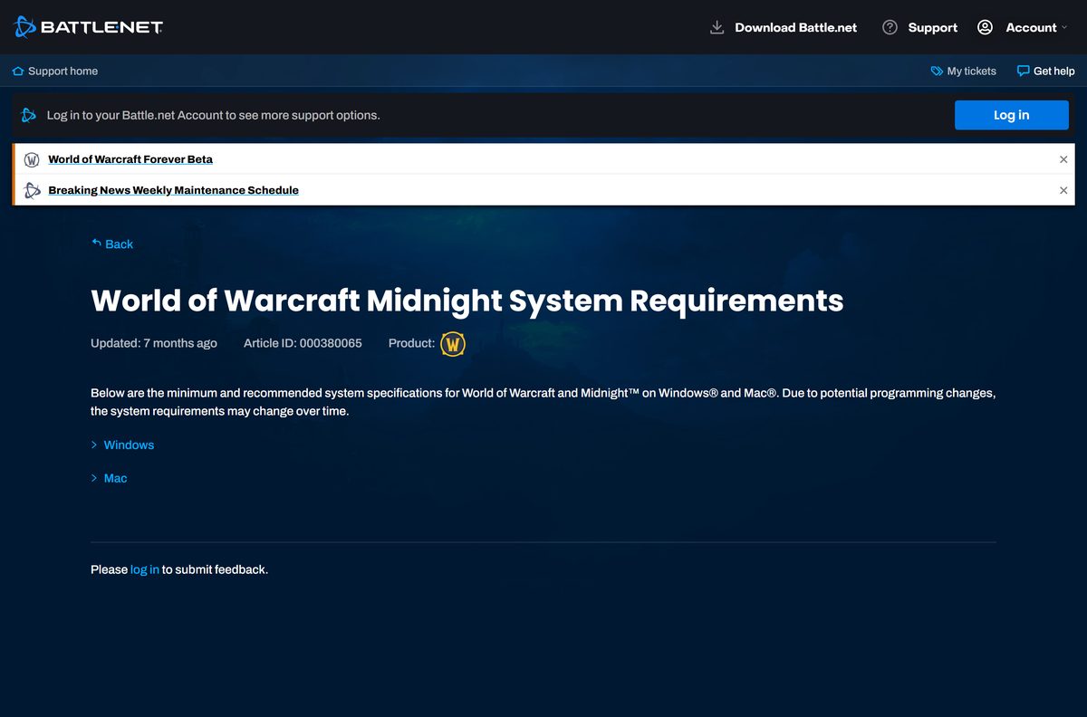 Blizzard Support minimum and recommended specs for World of Warcraft Midnight