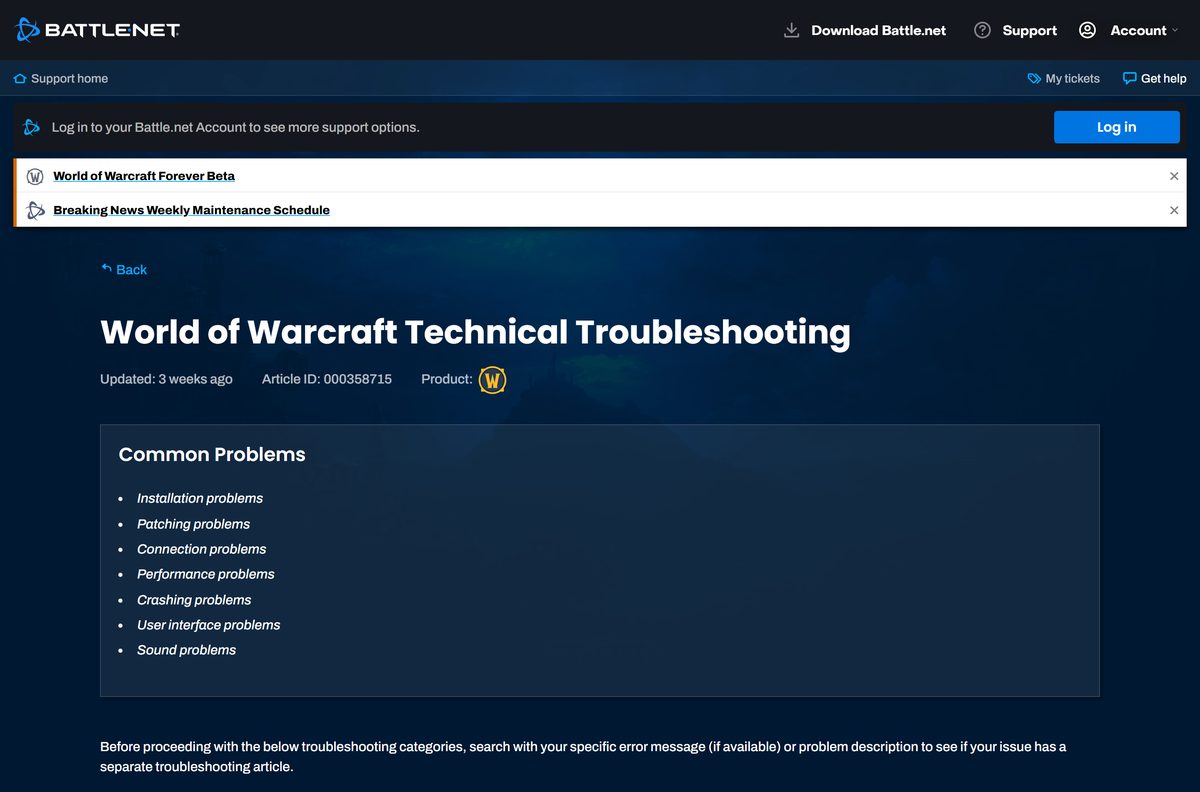 Blizzard Support troubleshooting categories for World of Warcraft problems