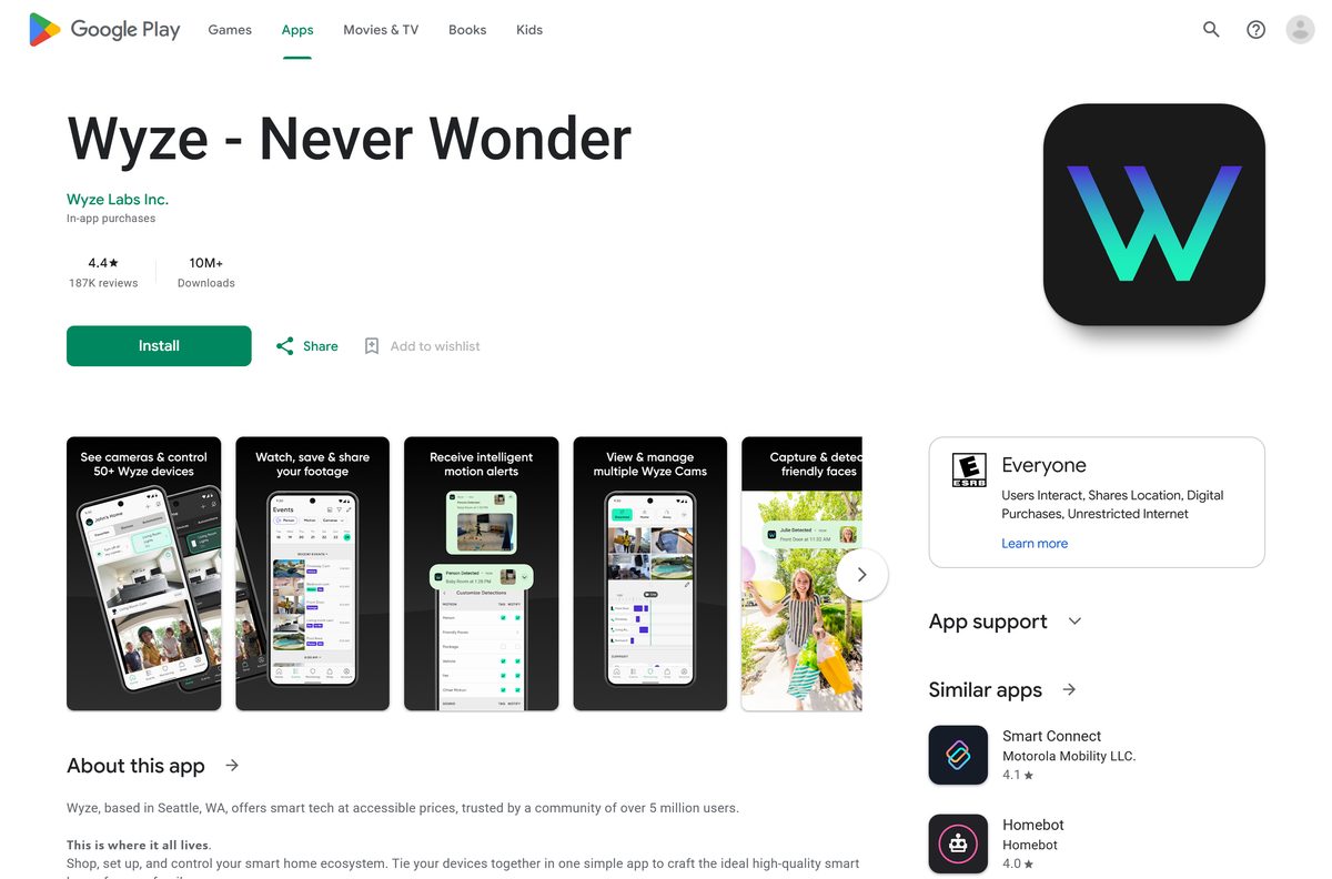 Google Play listing for Wyze with its rating and downloads