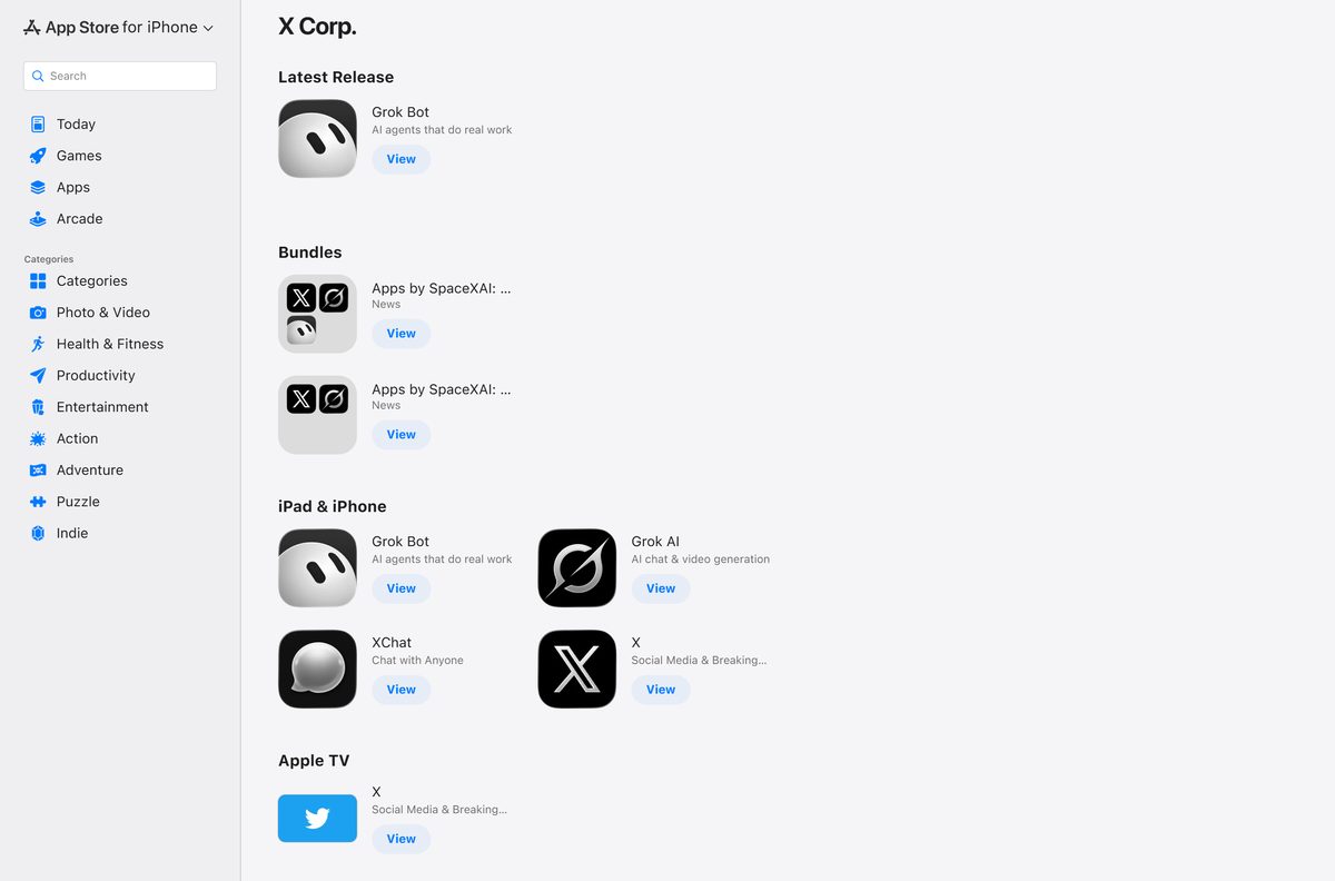 X Corp. developer page listing iPhone, iPad and Apple TV apps