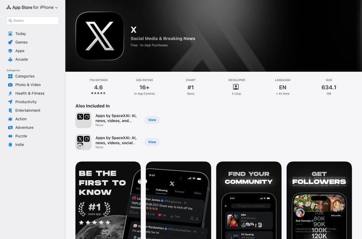 X on the App Store with X Corp. listed as the developer