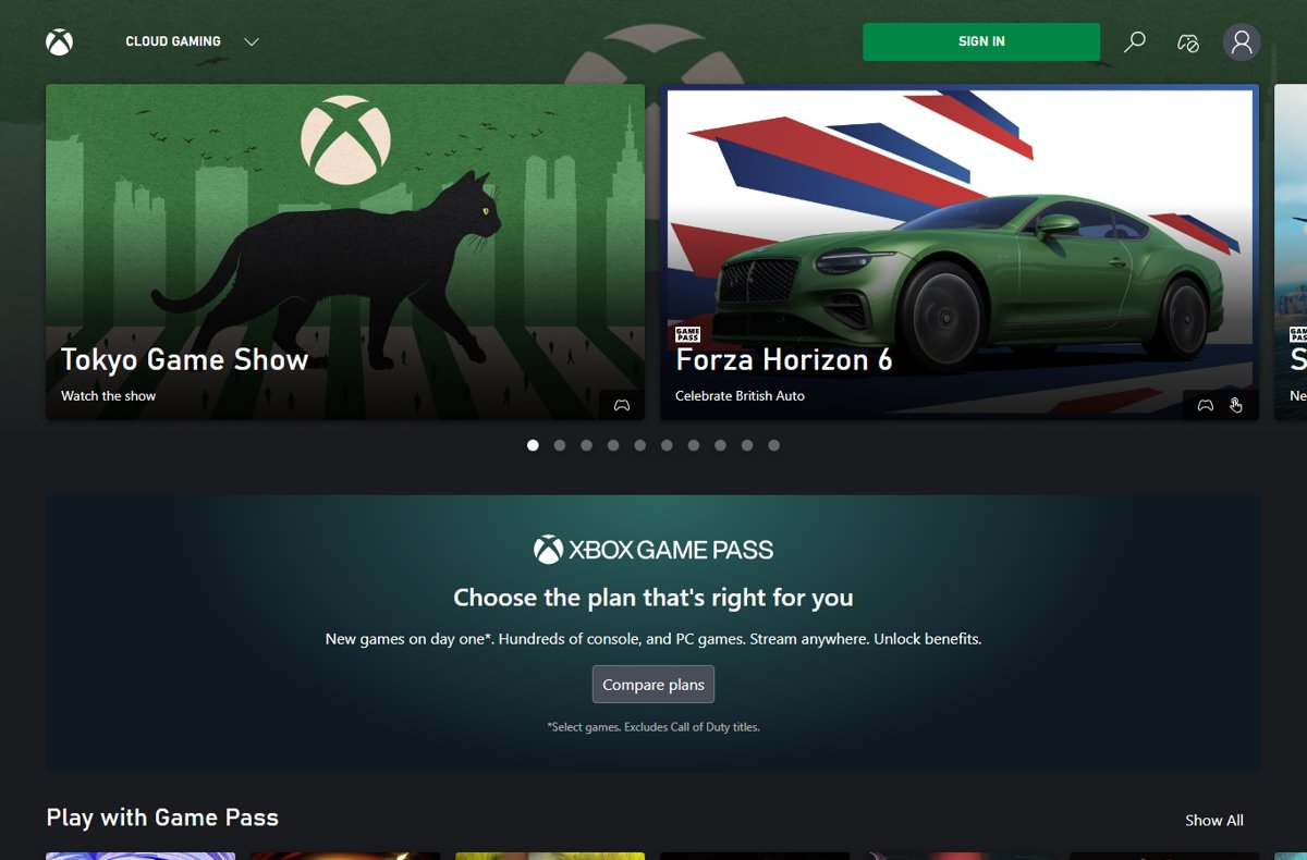 Xbox Cloud Gaming site with Sign In button and Play with Game Pass row