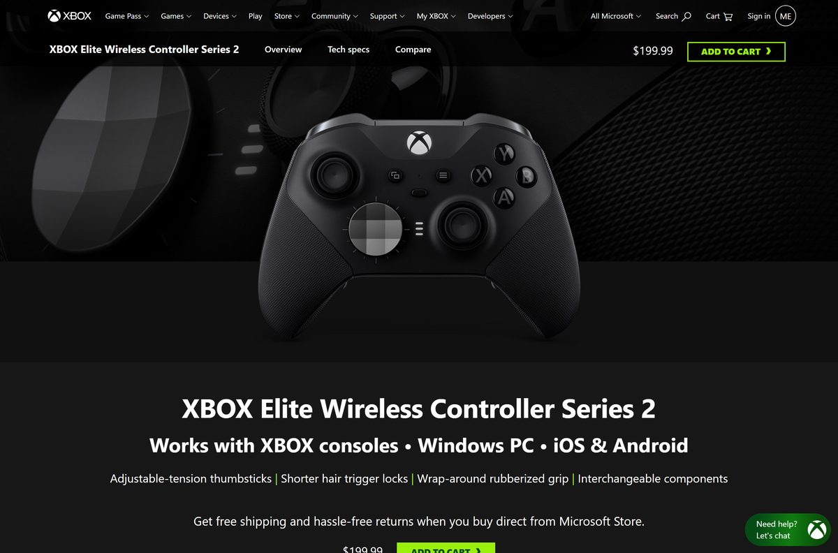 Elite Series 2 product page showing button mapping in the accessories app