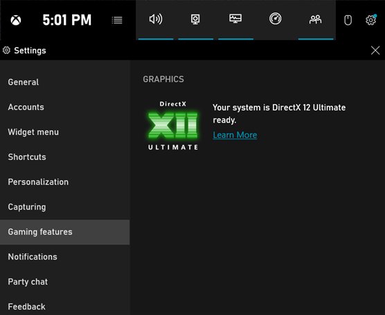 Xbox Game Bar Gaming features settings showing DirectX 12 Ultimate ready