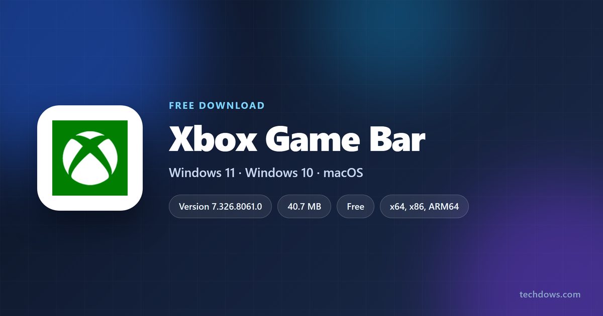 Xbox Game Bar logo with version, size and supported systems