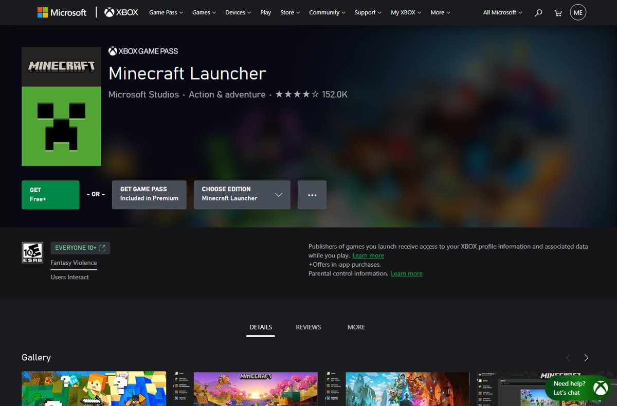 Xbox Minecraft Launcher store listing page with the Get button