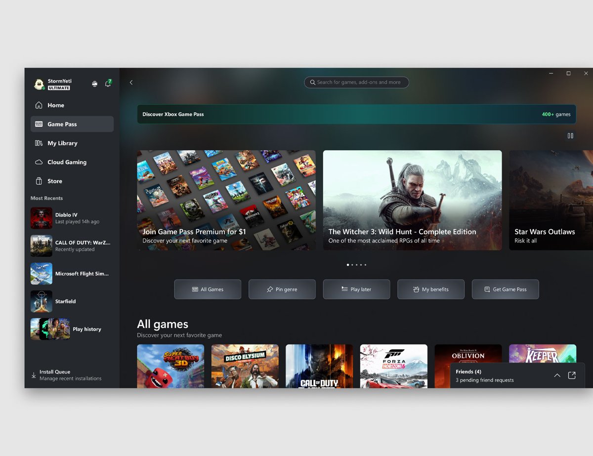 Xbox app Game Pass tab listing subscription games and offers