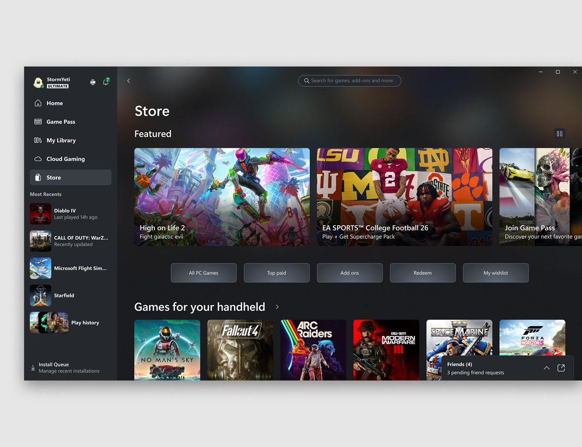 Xbox app Store tab with a search box and featured PC games