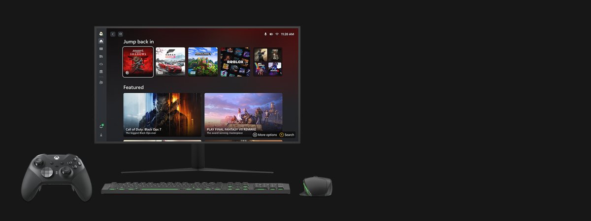 Xbox app home screen showing Jump back in and Featured game tiles