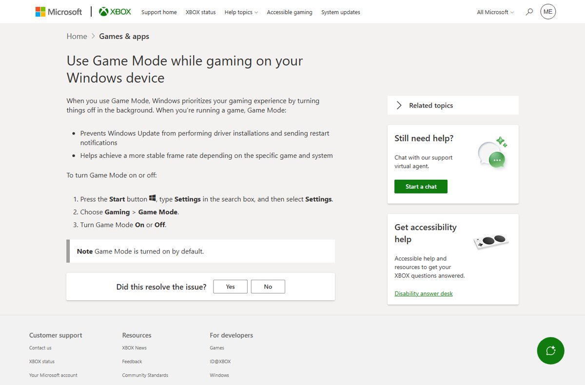 Xbox support page with steps for turning Game Mode on or off