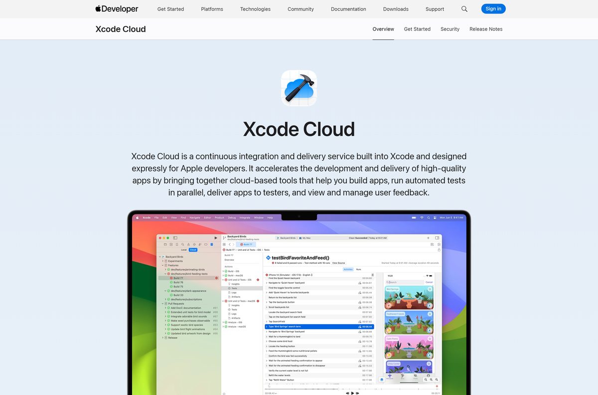 Apple page describing cloud builds and automated test runs