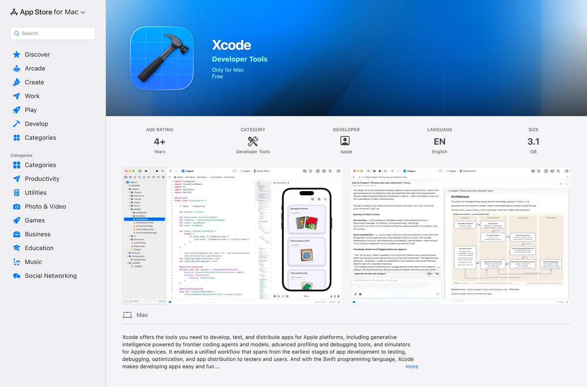 Mac App Store listing showing the price, developer and size