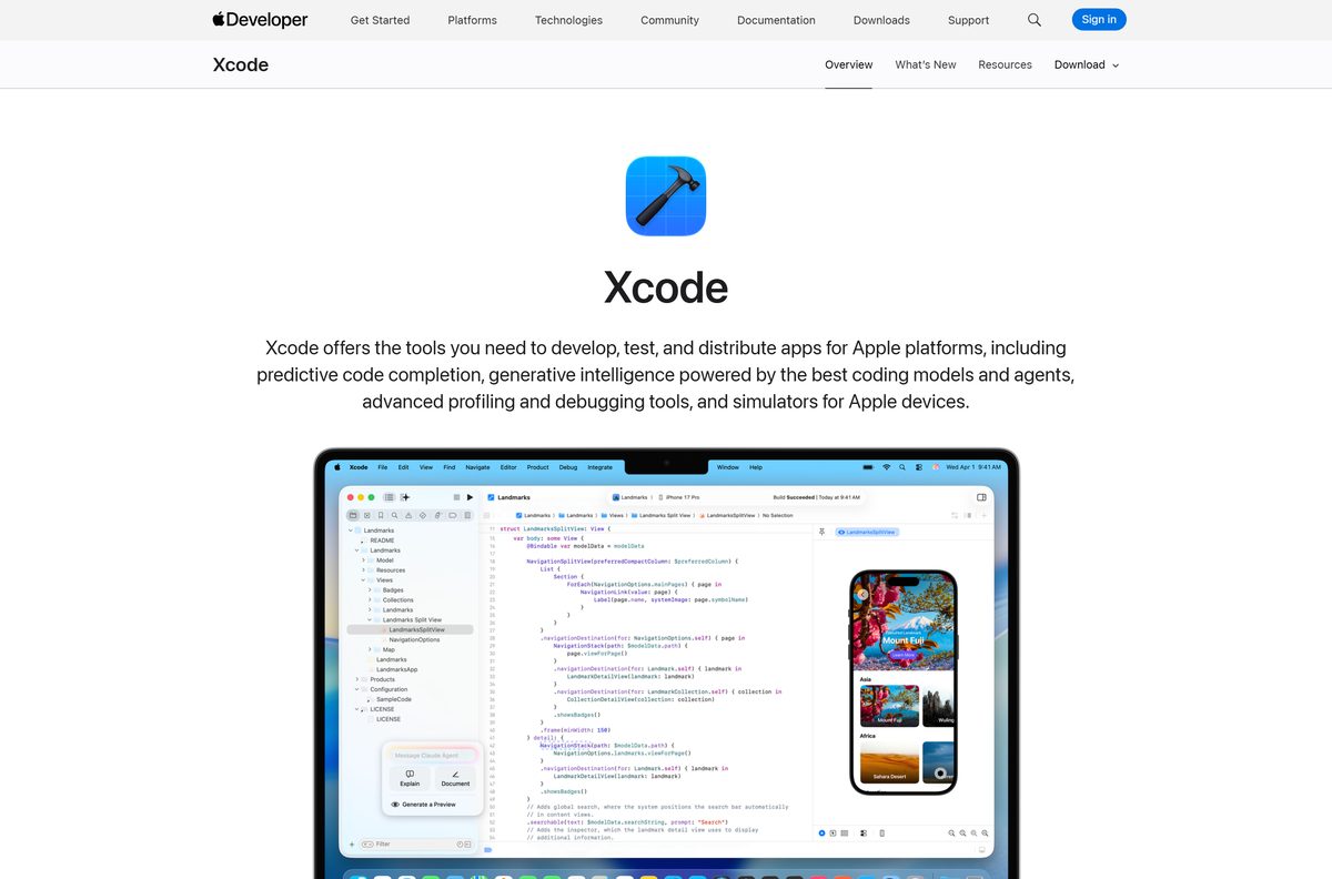 Apple Developer product page with the download button and feature list