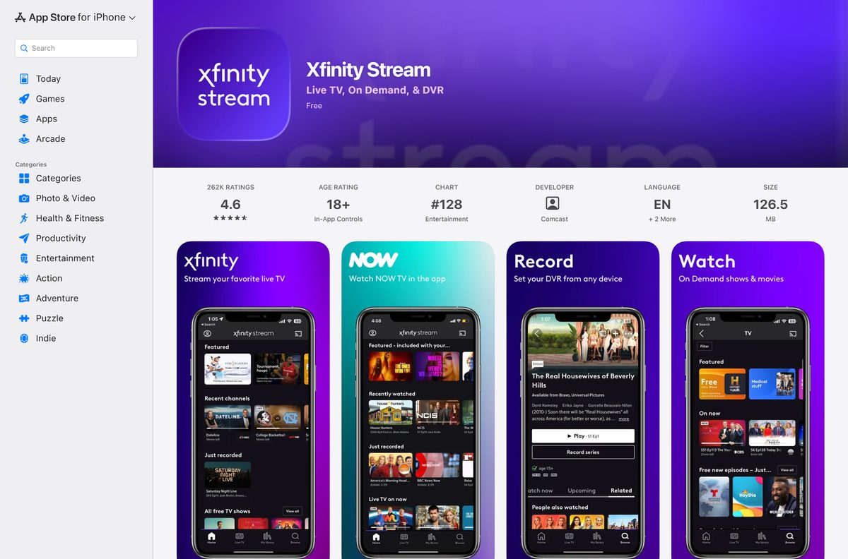 App Store page for Xfinity Stream showing size and compatibility