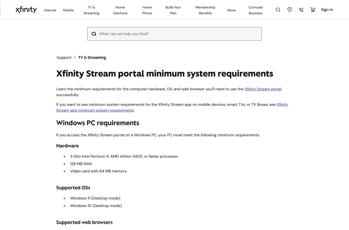 Minimum system requirements page for the Xfinity Stream portal