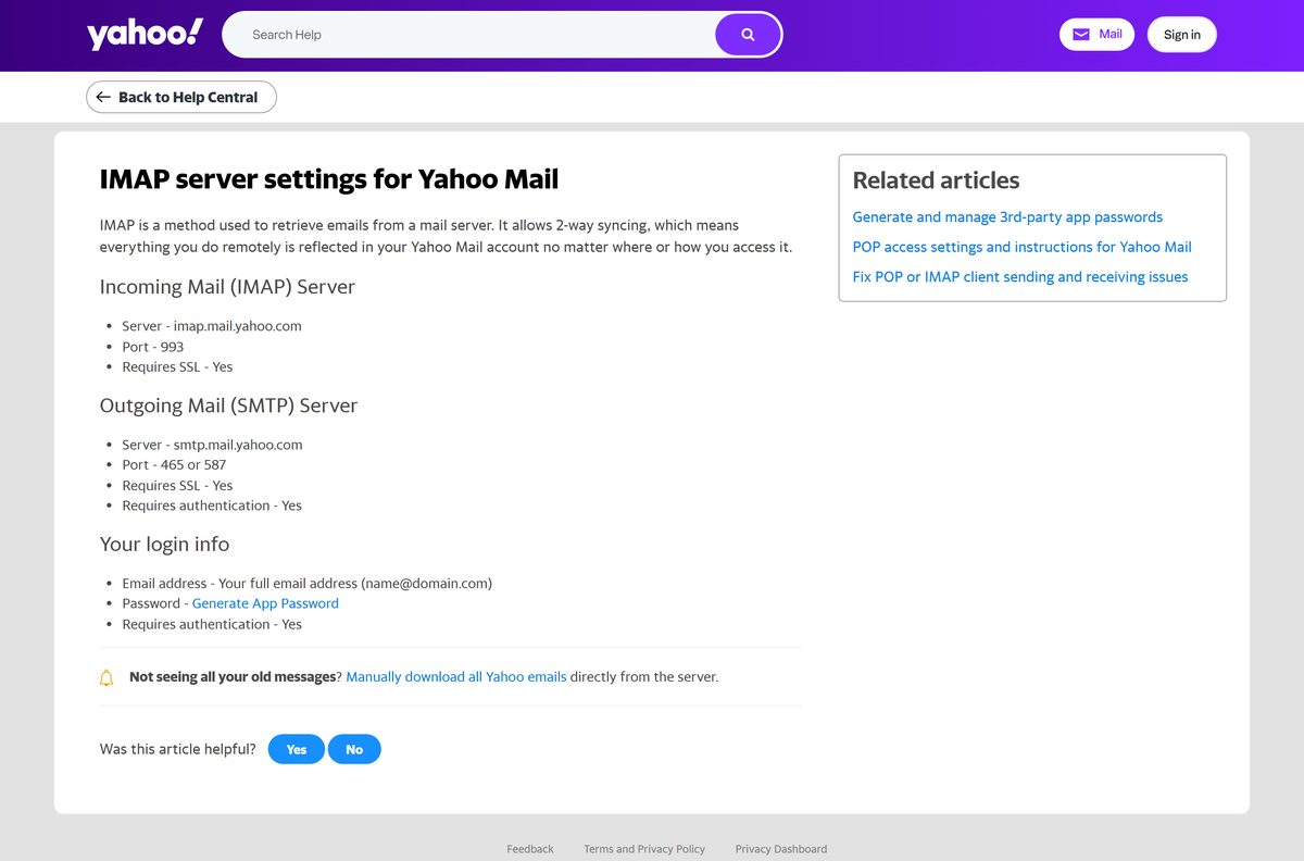 Yahoo Help page listing IMAP and SMTP server settings