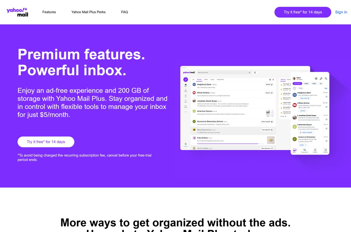 Yahoo Mail Plus page with its price and ad-free features