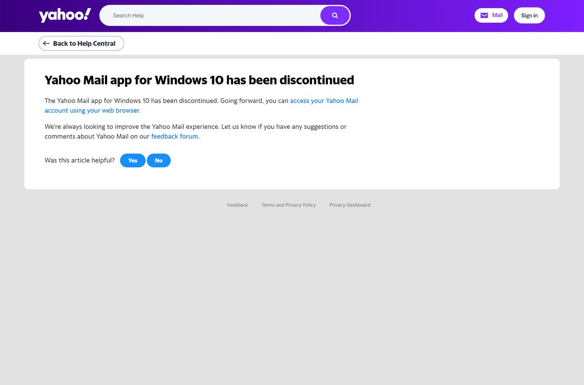 Yahoo Help notice that the Windows 10 app was discontinued