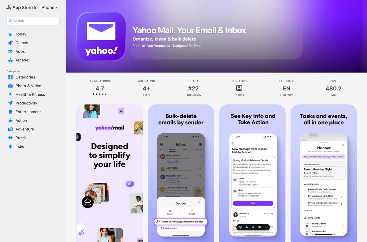App Store listing for Yahoo Mail with its rating and seller