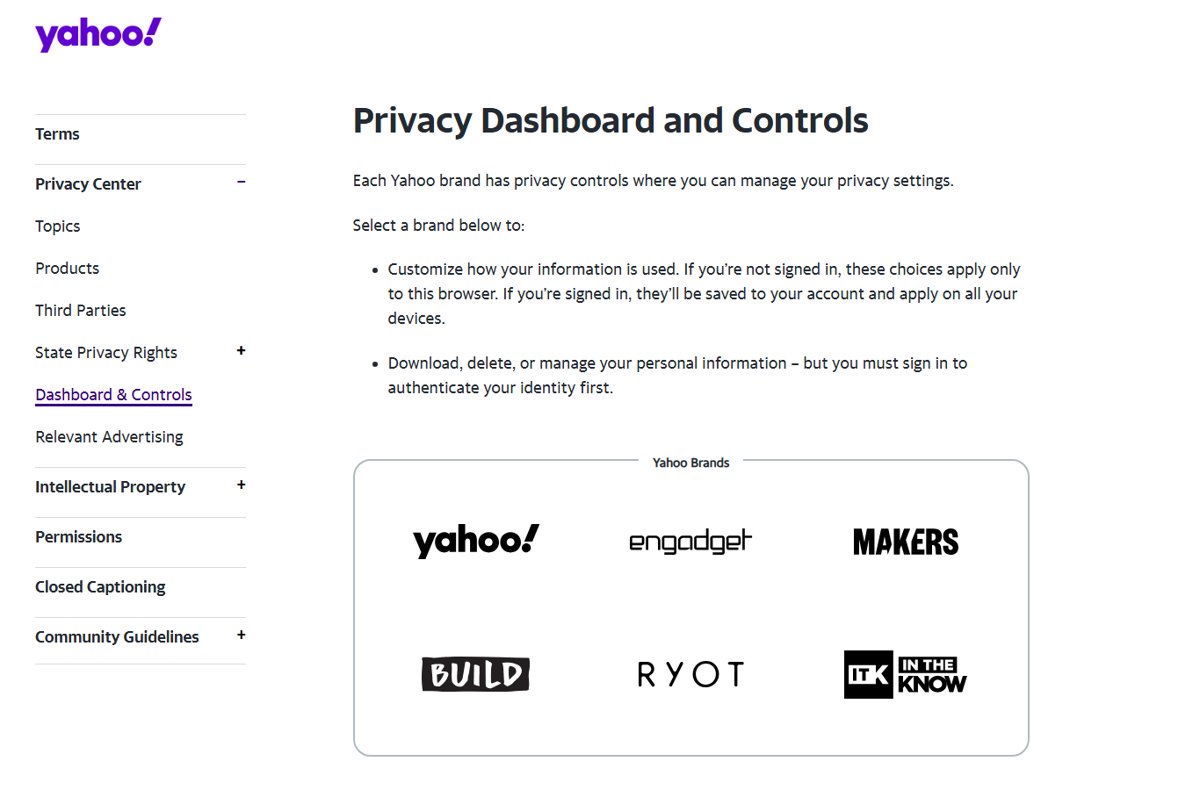 Yahoo Privacy Dashboard and Controls page listing six brand tiles