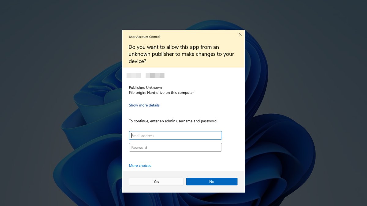 Yellow User Account Control prompt warning about an unknown publisher