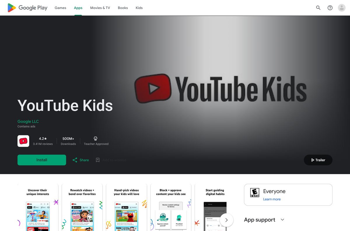 Google Play listing for YouTube Kids with the developer line
