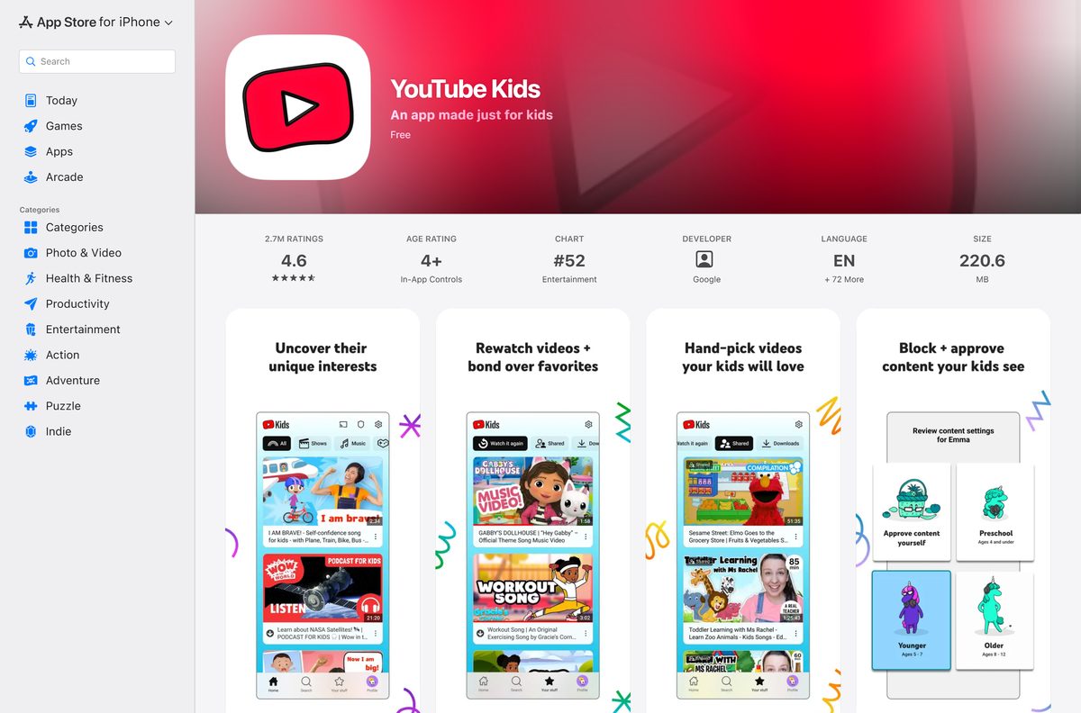 App Store listing for YouTube Kids showing seller and size
