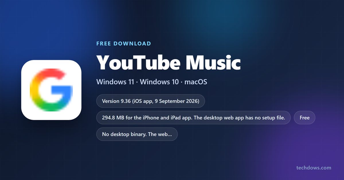 YouTube Music logo with version, size and supported systems