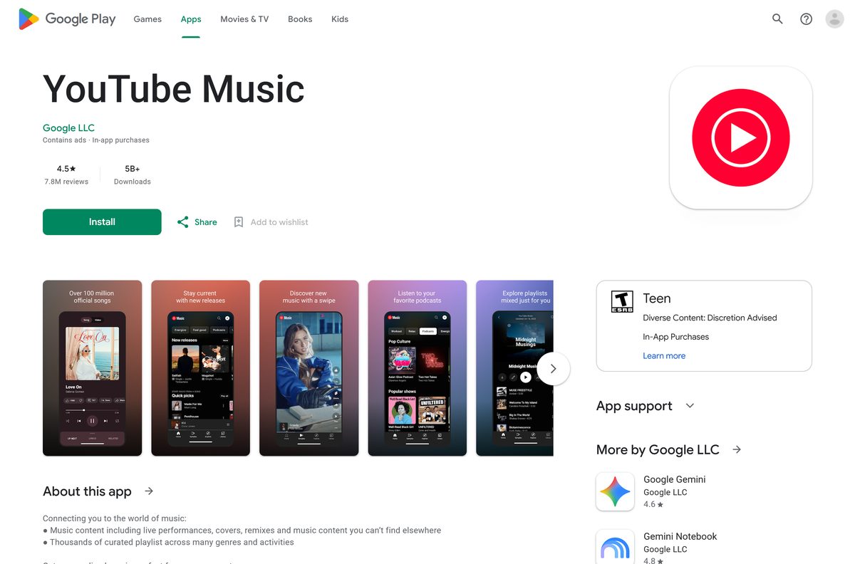 Google Play listing for YouTube Music with the developer line