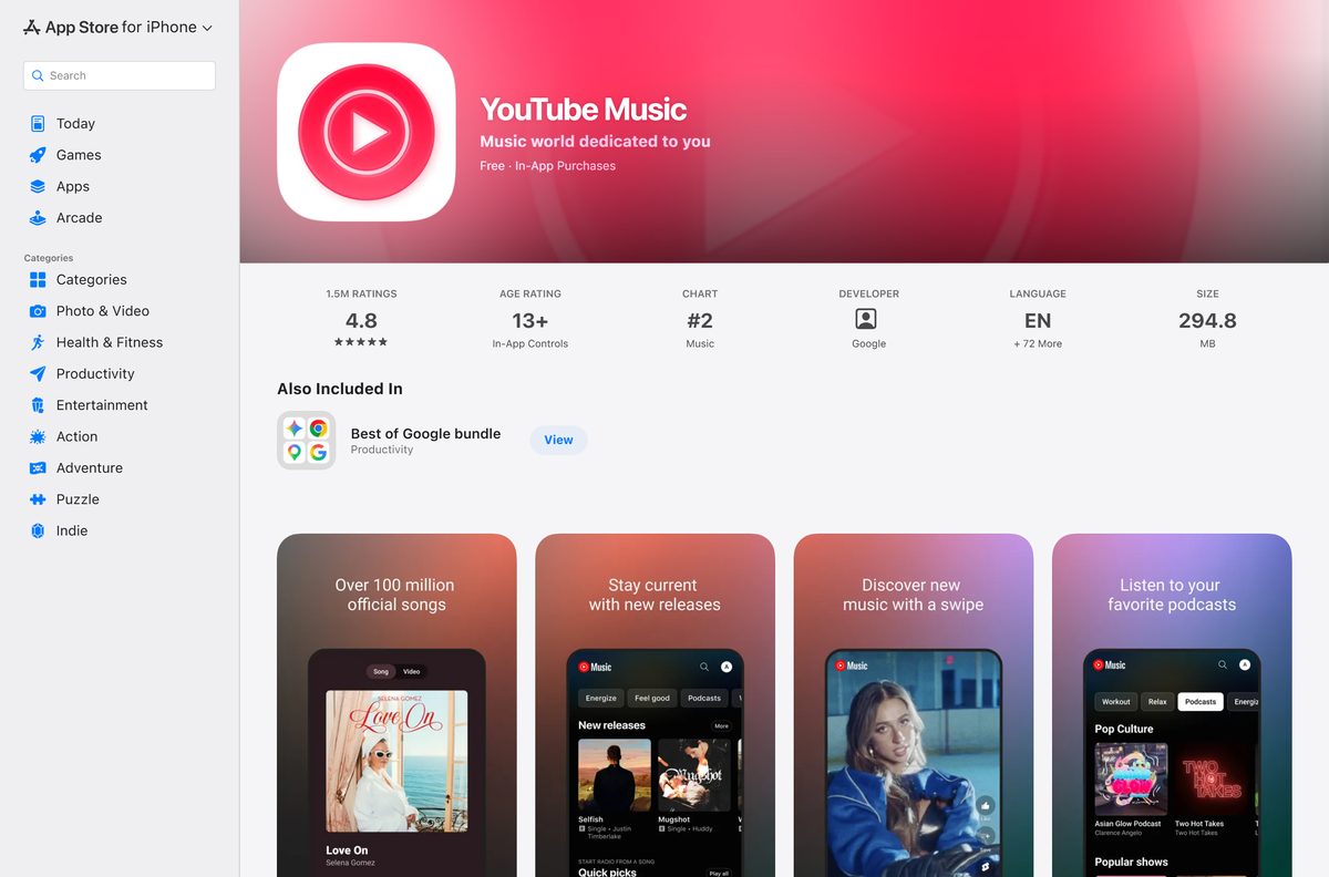 App Store listing for YouTube Music showing seller and size