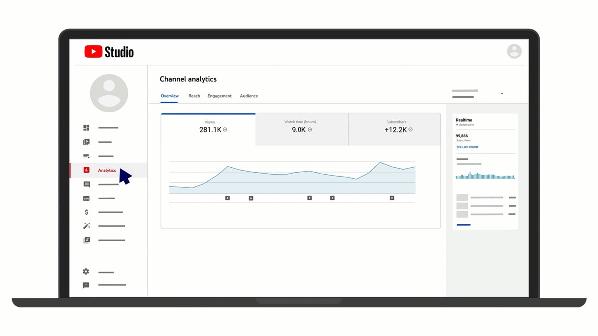 YouTube Studio Channel analytics overview with Realtime subscriber panel