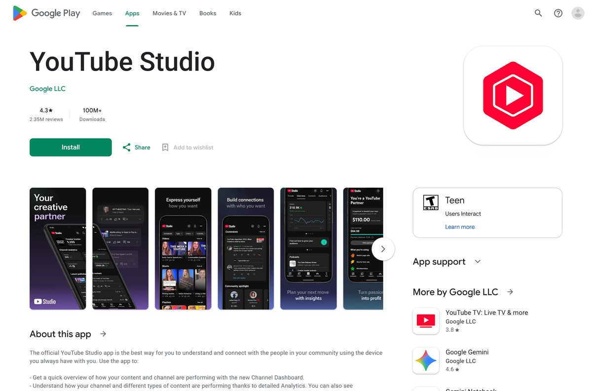 Google Play listing for YouTube Studio with the developer line