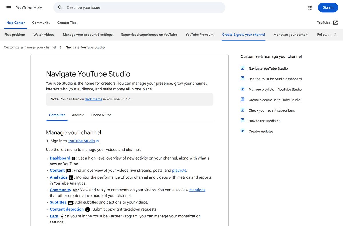 Google help page listing the YouTube Studio sections on a computer
