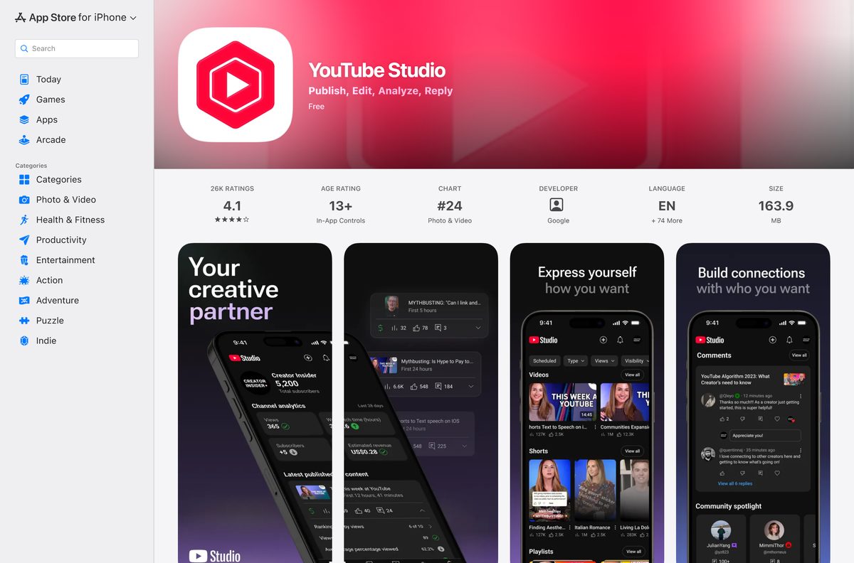 App Store listing for YouTube Studio showing seller and size