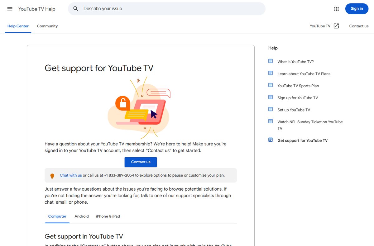 YouTube TV Help Center Get support page with the phone number visible