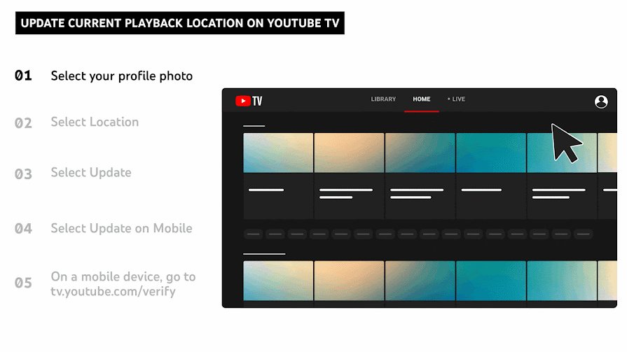 YouTube TV steps to update current playback location