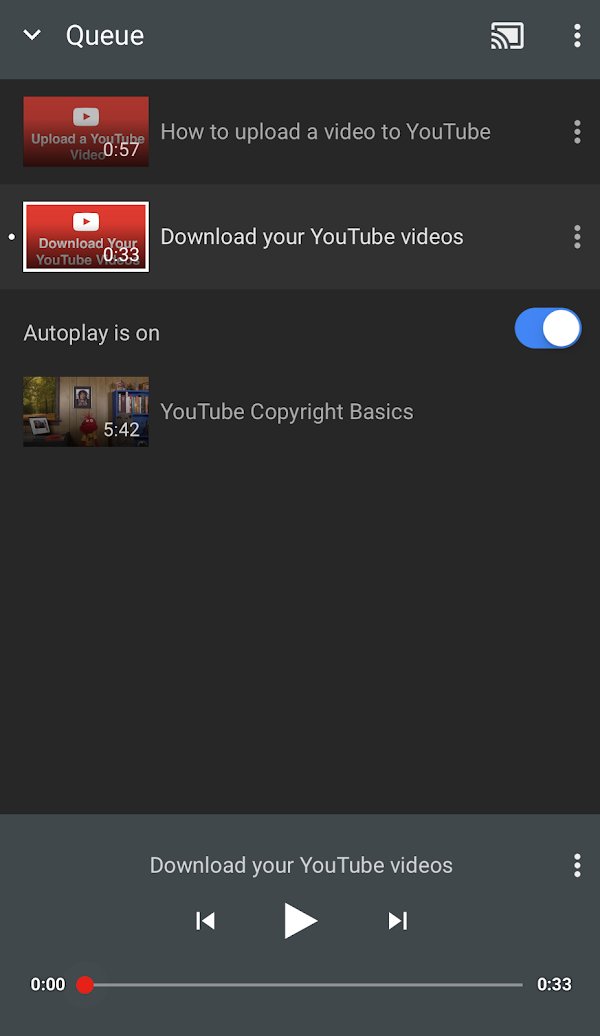 YouTube app queue screen with the Autoplay toggle switched on