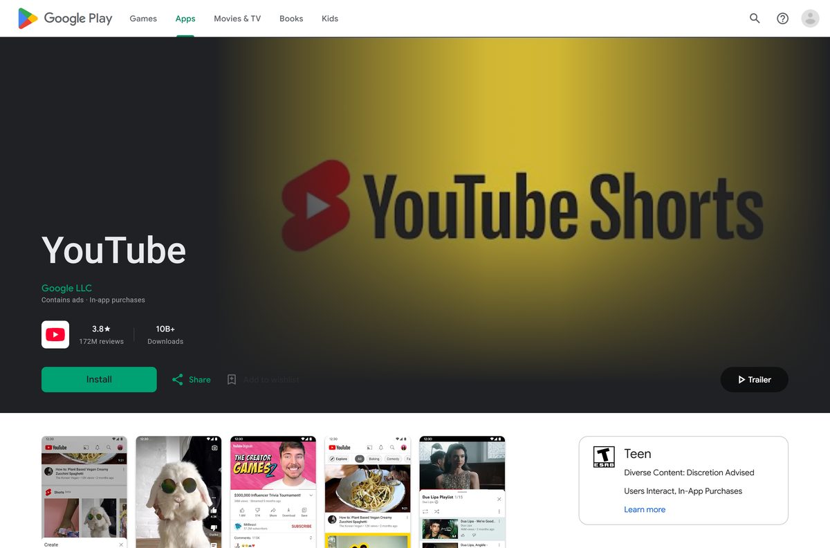 Google Play listing for YouTube showing the developer line