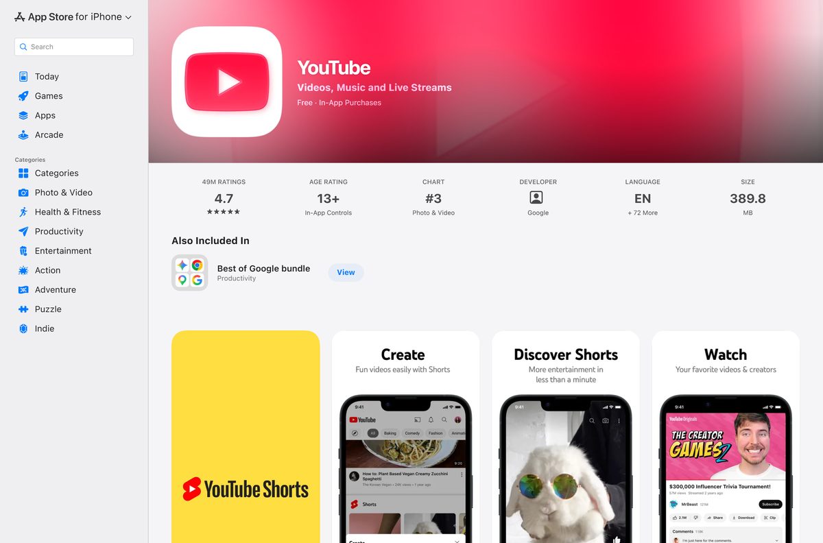 App Store listing for YouTube showing seller, size and compatibility