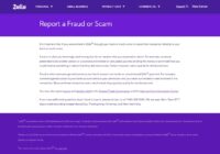 Zelle Report a Fraud or Scam webpage listing its support phone number