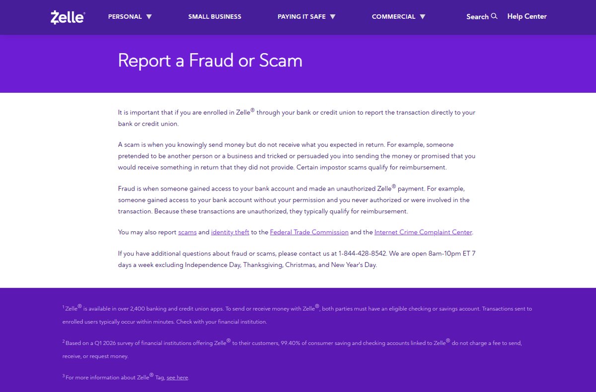 Zelle Report a Fraud or Scam webpage listing its support phone number