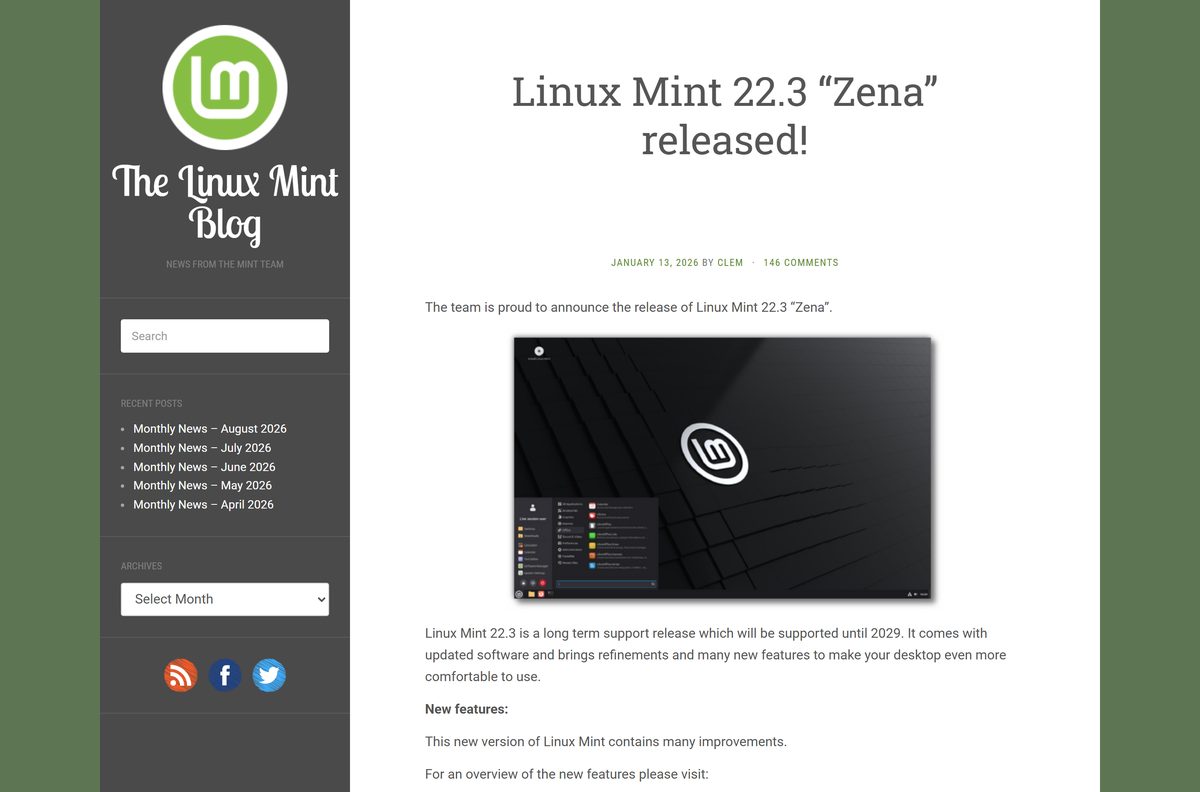Linux Mint blog post announcing the Zena release and its requirements