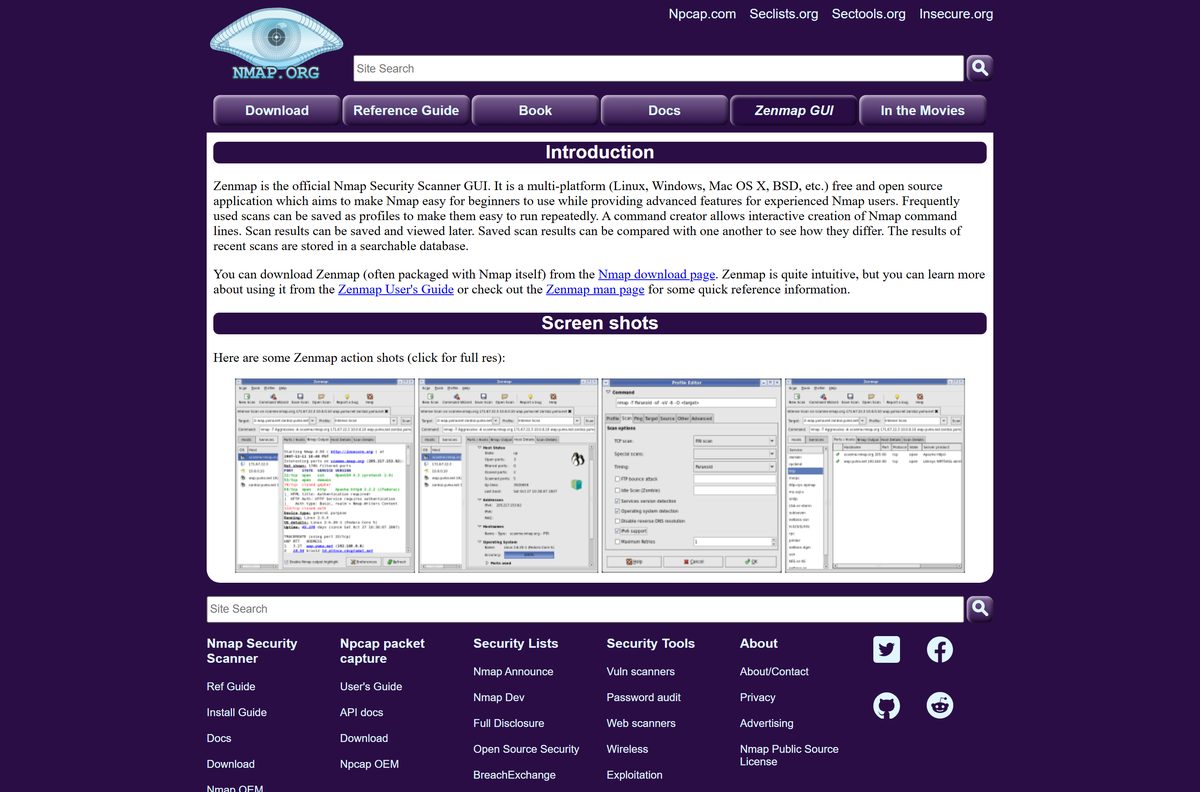 Official Zenmap page describing the free graphical scanner front end