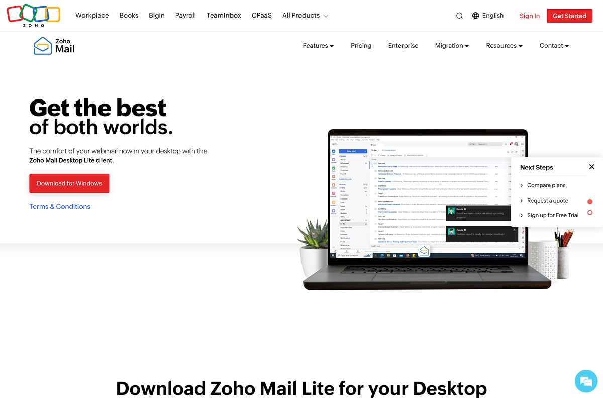 Zoho Mail desktop page with the Windows, Mac and Linux panels