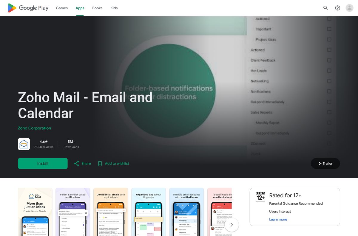 Google Play listing for Zoho Mail with its rating and install button