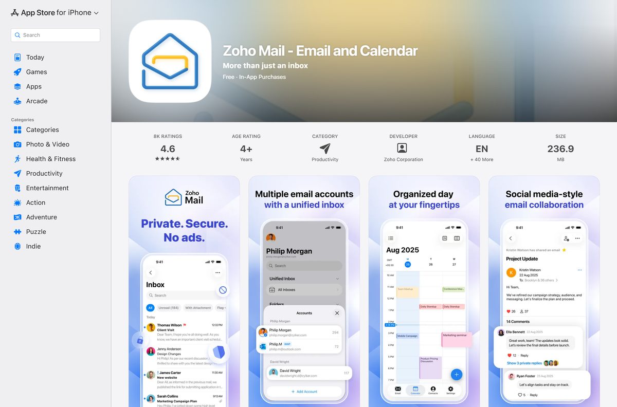 App Store page for the Zoho Mail email and calendar app